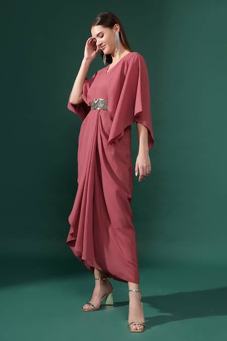 Shop_Aakaar_Pink Modal, Crepe V-neck Sara Embellished Cut Sleeves Draped Dress _Online_at_Aza_Fashions