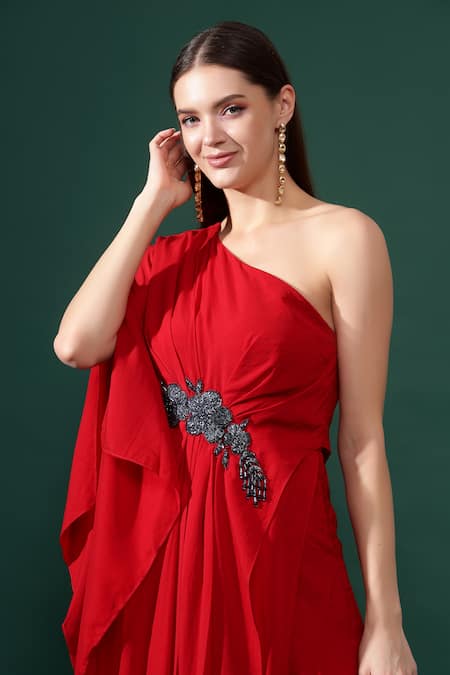 Shop_Aakaar_Red Modal Embroidery One Shoulder Nalki Flora Applique Draped Dress _Online_at_Aza_Fashions