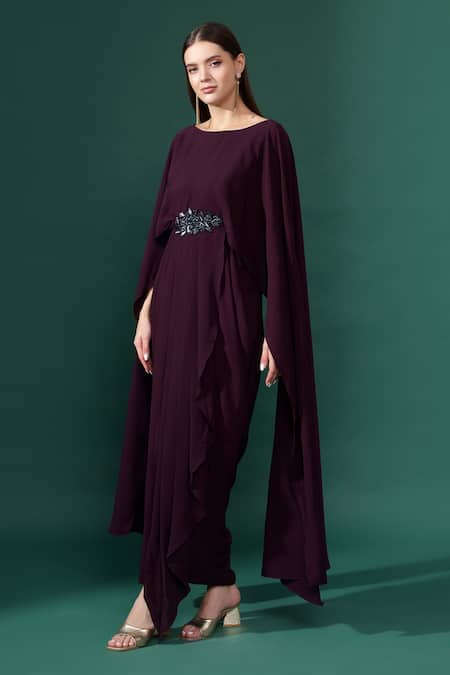 Aakaar_Purple Modal Beads Boat Neck Elena Crystal Embellished Draped Gown _Online_at_Aza_Fashions