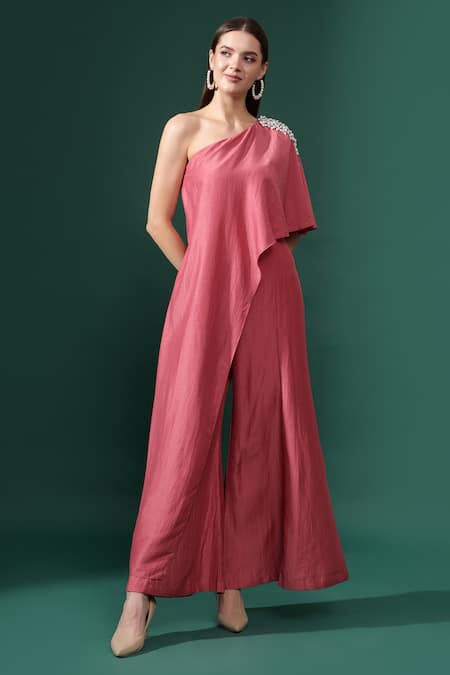 Aakaar_Pink Cotton, Silk Pearls One Shoulder Embellished Jumpsuit _Online_at_Aza_Fashions