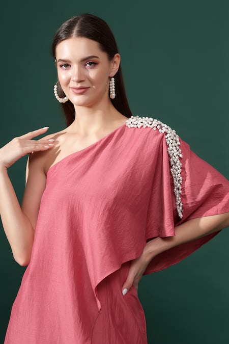 Buy_Aakaar_Pink Cotton, Silk Pearls One Shoulder Embellished Jumpsuit _Online_at_Aza_Fashions
