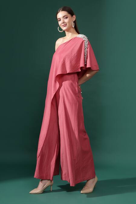 Shop_Aakaar_Pink Cotton, Silk Pearls One Shoulder Embellished Jumpsuit _Online_at_Aza_Fashions