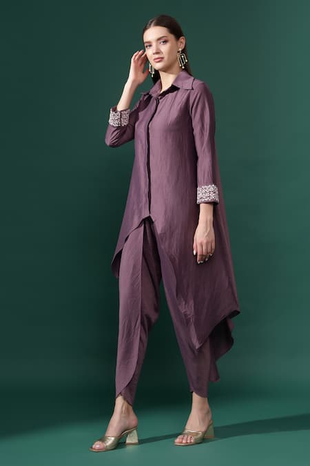 Aakaar_Purple Cotton, Silk Sequins, Beads, Embroidery Cuff Tunic Kurta With Draped Pant For Kids_Online_at_Aza_Fashions