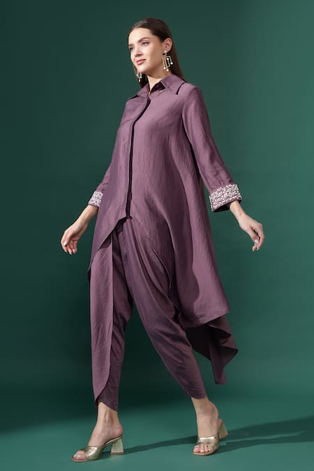 Shop_Aakaar_Purple Cotton, Silk Sequins, Beads, Embroidery Cuff Tunic Kurta With Draped Pant For Kids_Online_at_Aza_Fashions