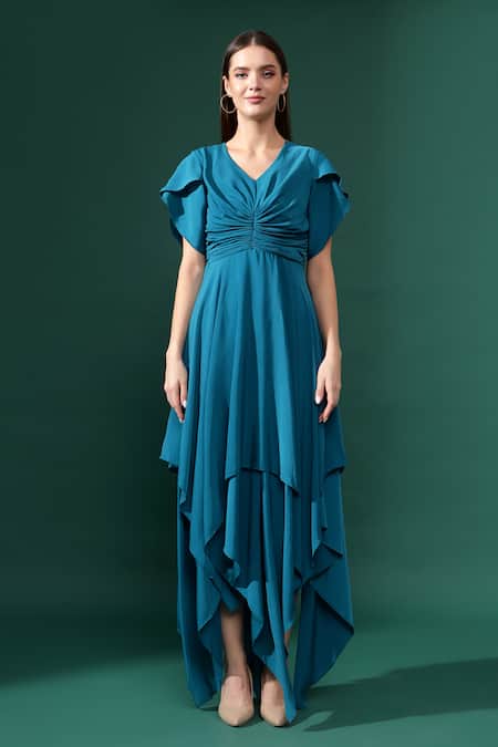 Aakaar_Blue Silk, Crepe V-neck Ruched Bodice Handkerchief Dress _Online_at_Aza_Fashions