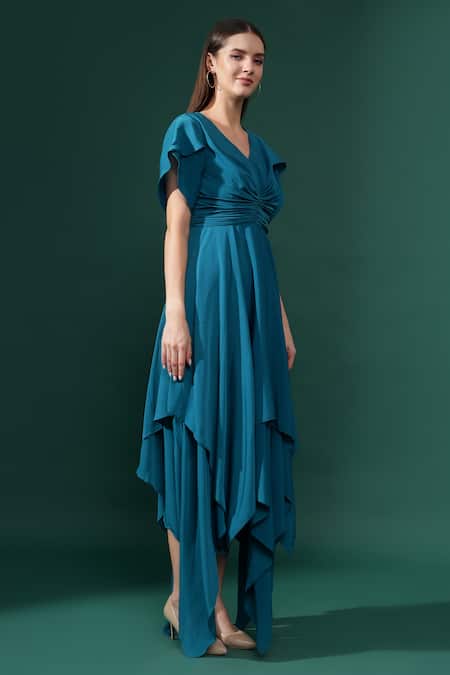 Buy_Aakaar_Blue Silk, Crepe V-neck Ruched Bodice Handkerchief Dress _Online_at_Aza_Fashions