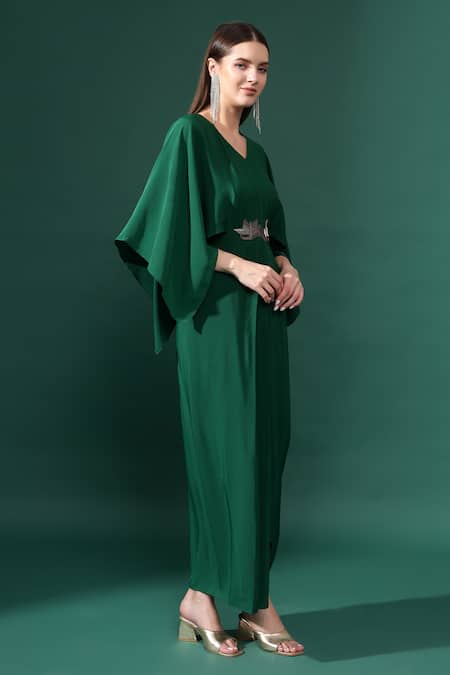 Aakaar_Green Silk, Crepe Embroidery V-neck Chevron Metallic Embellished Draped Dress _Online_at_Aza_Fashions