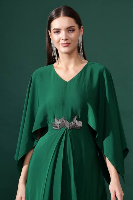 Buy_Aakaar_Green Silk, Crepe Embroidery V-neck Chevron Metallic Embellished Draped Dress _Online_at_Aza_Fashions