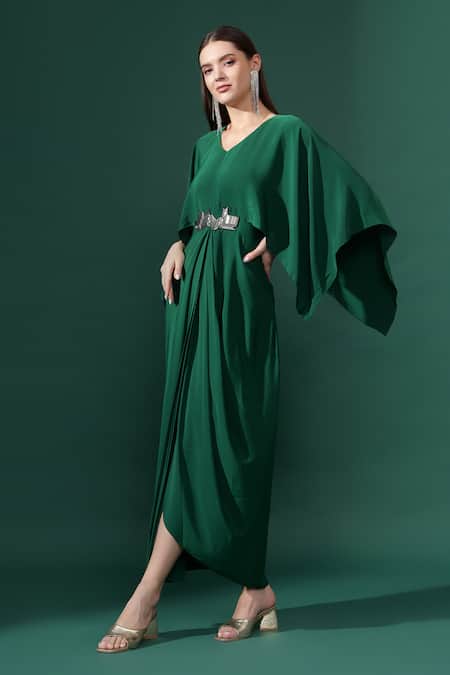 Shop_Aakaar_Green Silk, Crepe Embroidery V-neck Chevron Metallic Embellished Draped Dress _Online_at_Aza_Fashions