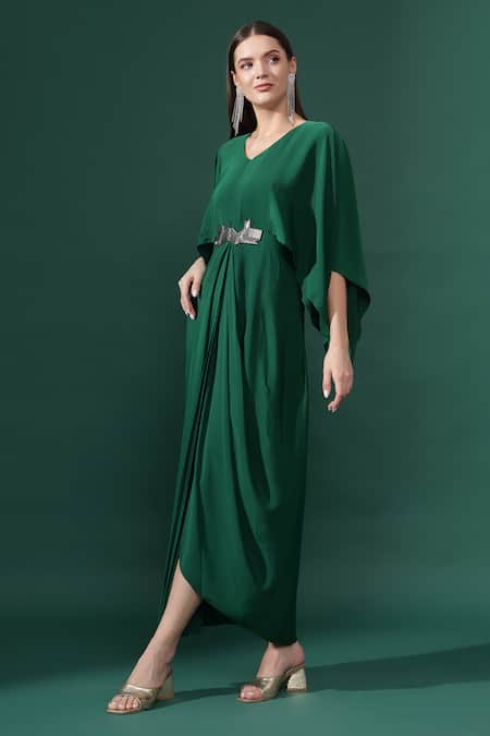 Aakaar_Green Silk, Crepe Embroidery V-neck Chevron Metallic Embellished Draped Dress _at_Aza_Fashions