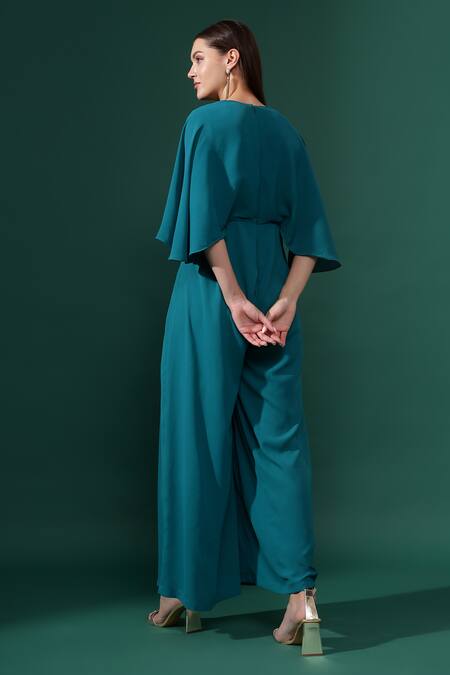 Shop_Aakaar_Blue Modal Sequins V-neck Bloom Applique Jumpsuit _at_Aza_Fashions