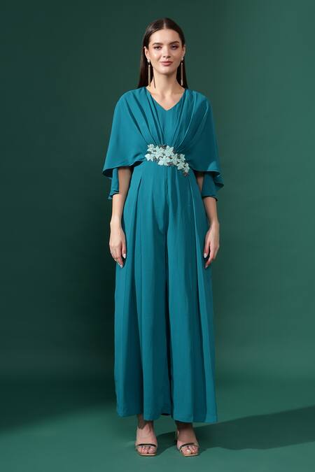 Aakaar_Blue Modal Sequins V-neck Bloom Applique Jumpsuit _Online_at_Aza_Fashions