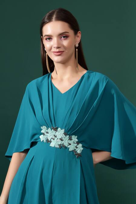 Buy_Aakaar_Blue Modal Sequins V-neck Bloom Applique Jumpsuit _Online_at_Aza_Fashions
