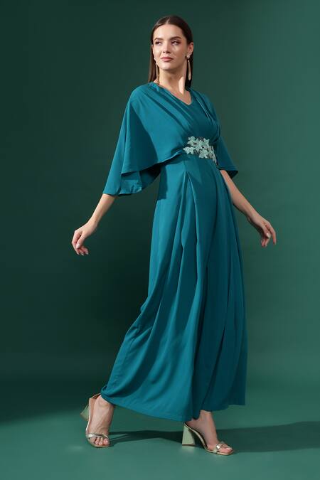 Shop_Aakaar_Blue Modal Sequins V-neck Bloom Applique Jumpsuit _Online_at_Aza_Fashions