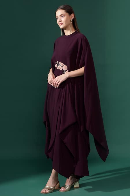Aakaar_Purple Cotton, Silk Sequins Round Neck Rosa Embellished Draped Gown _Online_at_Aza_Fashions
