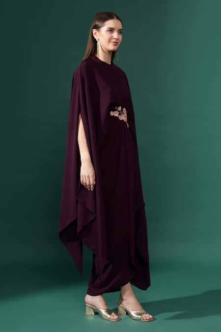 Buy_Aakaar_Purple Cotton, Silk Sequins Round Neck Rosa Embellished Draped Gown _Online_at_Aza_Fashions