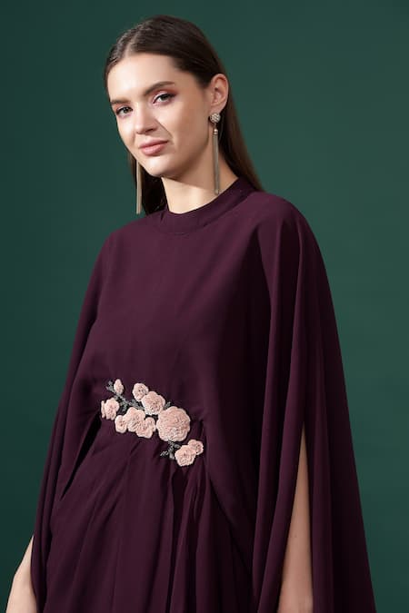Shop_Aakaar_Purple Cotton, Silk Sequins Round Neck Rosa Embellished Draped Gown _Online_at_Aza_Fashions