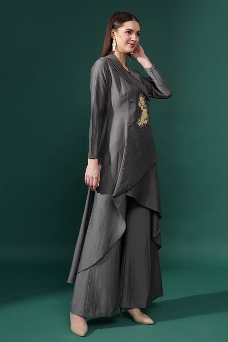 Buy_Aakaar_Grey Cotton, Silk Crystals Beaded Flora Applique Blazer Kurta With Flared Pant_Online_at_Aza_Fashions