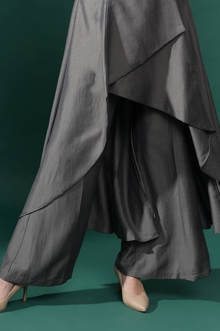 Aakaar Grey Cotton, Silk Crystals Beaded Flora Applique Blazer Kurta With Flared Pant at Aza Fashions Aakaar_Grey Cotton, Silk Crystals Beaded Flora Applique Blazer Kurta With Flared Pant_at_Aza_Fashions