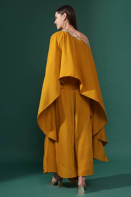 Shop_Aakaar_Yellow Cotton, Silk Sequins One Shoulder Embellished Tunic With Flared Pant _at_Aza_Fashions