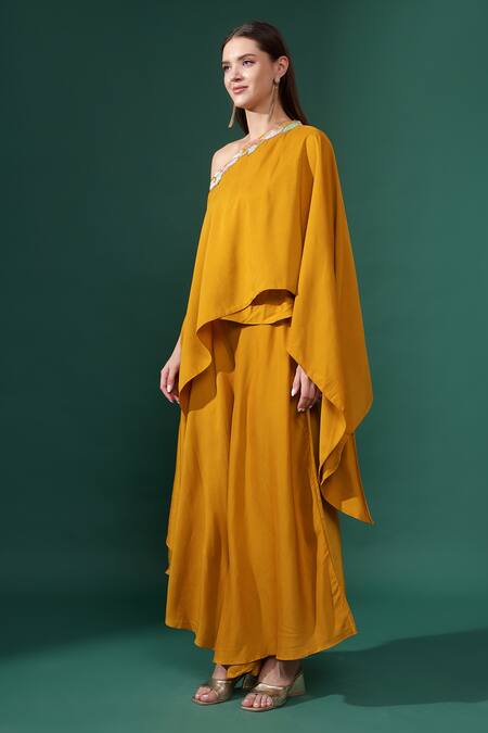 Buy_Aakaar_Yellow Cotton, Silk Sequins One Shoulder Embellished Tunic With Flared Pant _Online_at_Aza_Fashions