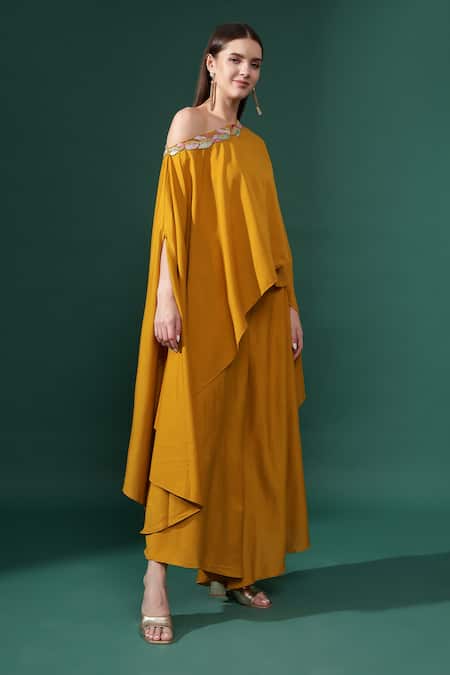 Shop_Aakaar_Yellow Cotton, Silk Sequins One Shoulder Embellished Tunic With Flared Pant _Online_at_Aza_Fashions