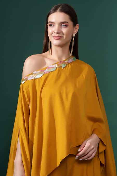 Aakaar_Yellow Cotton, Silk Sequins One Shoulder Embellished Tunic With Flared Pant _at_Aza_Fashions