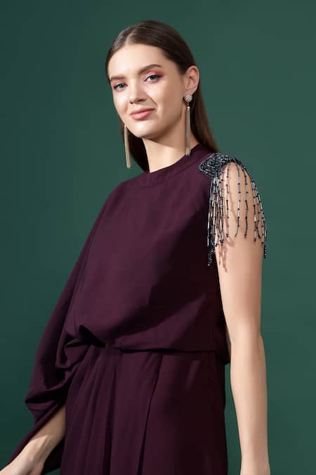 Aakaar_Purple Modal Crystals Round Neck Dangling Embellishment Draped Dress _Online_at_Aza_Fashions