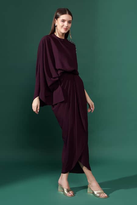 Buy_Aakaar_Purple Modal Crystals Round Neck Dangling Embellishment Draped Dress _Online_at_Aza_Fashions