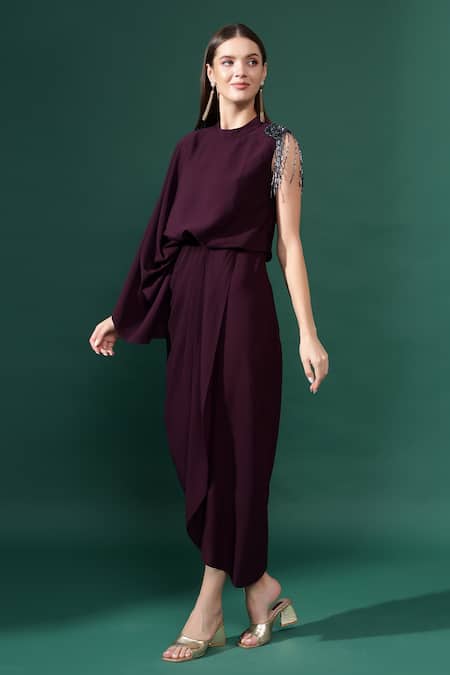 Shop_Aakaar_Purple Modal Crystals Round Neck Dangling Embellishment Draped Dress _Online_at_Aza_Fashions