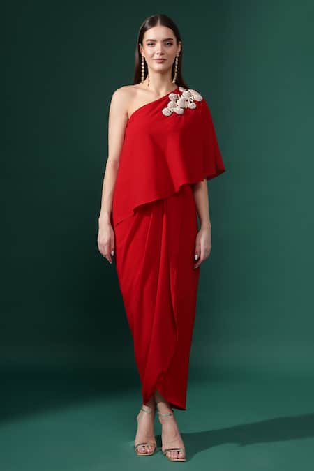 Aakaar_Red Modal Sequins One Shoulder Petunia Embellished Dress _Online_at_Aza_Fashions