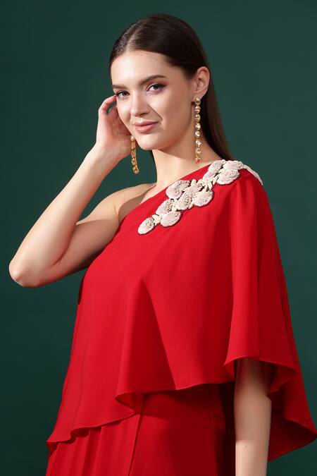 Buy_Aakaar_Red Modal Sequins One Shoulder Petunia Embellished Dress _Online_at_Aza_Fashions