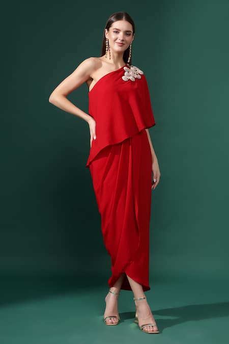 Shop_Aakaar_Red Modal Sequins One Shoulder Petunia Embellished Dress _Online_at_Aza_Fashions