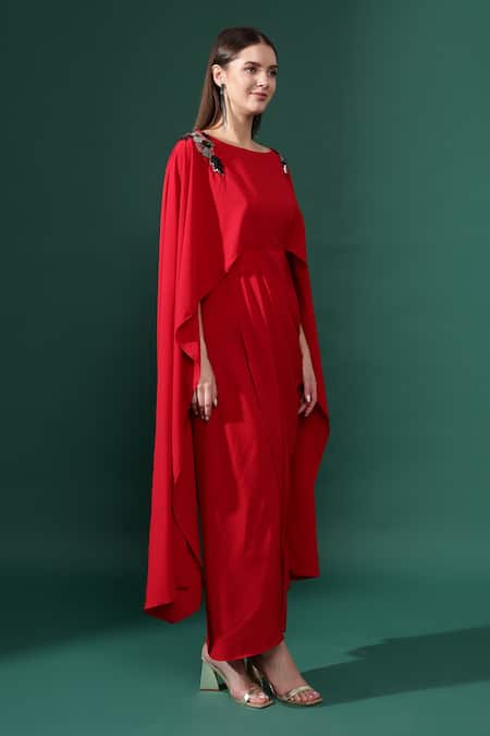 Aakaar_Red Modal Embroidery Boat Neck Metallic Nalki Flora Applique Draped Dress _Online_at_Aza_Fashions