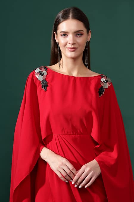 Shop_Aakaar_Red Modal Embroidery Boat Neck Metallic Nalki Flora Applique Draped Dress _Online_at_Aza_Fashions