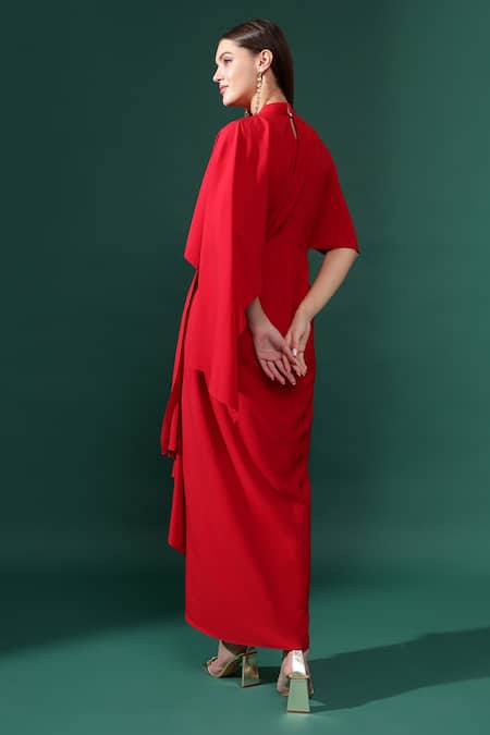 Shop_Aakaar_Red Modal Applique Round Neck Metallic Nalki Embellished Draped Dress _at_Aza_Fashions