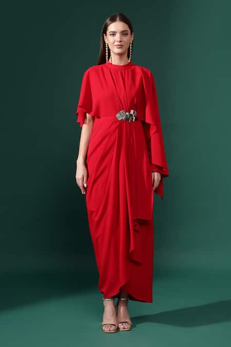 Aakaar_Red Modal Applique Round Neck Metallic Nalki Embellished Draped Dress _Online_at_Aza_Fashions