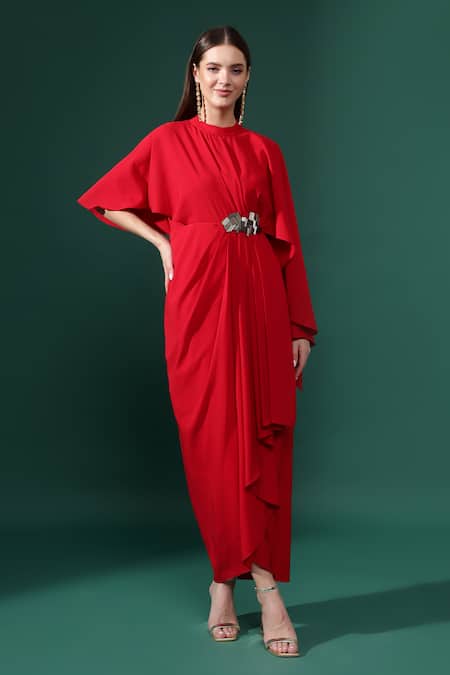 Buy_Aakaar_Red Modal Applique Round Neck Metallic Nalki Embellished Draped Dress _Online_at_Aza_Fashions