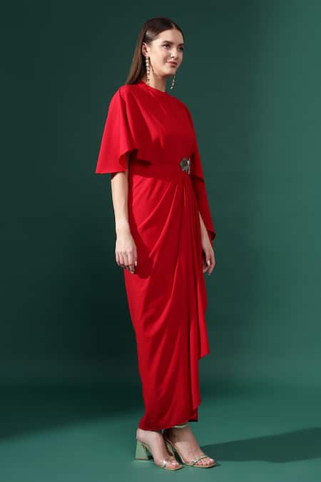 Shop_Aakaar_Red Modal Applique Round Neck Metallic Nalki Embellished Draped Dress _Online_at_Aza_Fashions