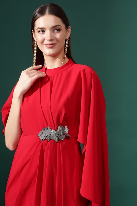 Aakaar_Red Modal Applique Round Neck Metallic Nalki Embellished Draped Dress _at_Aza_Fashions
