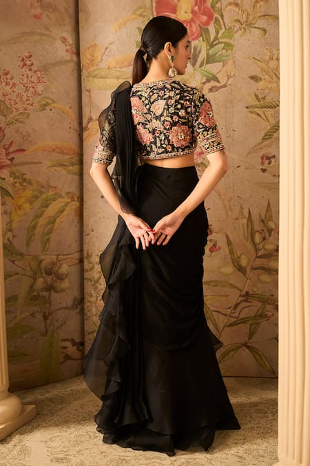 Shop_Ridhi Mehra_Black Saree Chiffon Printed Floral Plunge V Ruffle Pre-draped And Blouse Set _at_Aza_Fashions