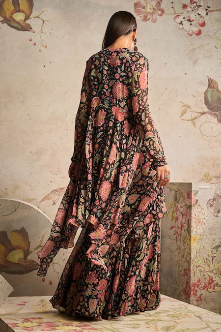Shop_Ridhi Mehra_Black Chiffon Printed Floral V Timeless Draped Tunic And Gharara Set  _at_Aza_Fashions