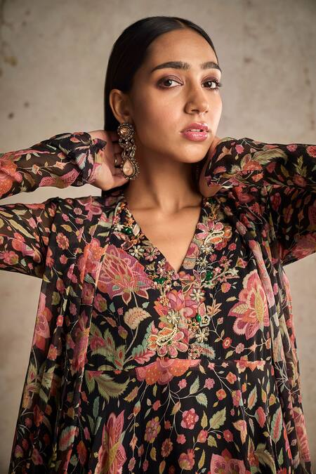 Ridhi Mehra_Black Chiffon Printed Floral V Timeless Draped Tunic And Gharara Set  _Online_at_Aza_Fashions