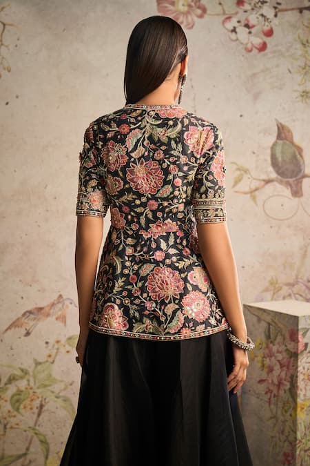Shop_Ridhi Mehra_Black Dame Floral Print Peplum Top And Sharara Set _at_Aza_Fashions