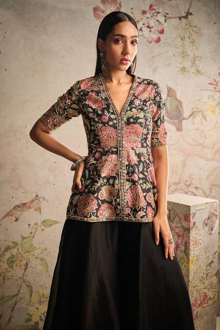 Ridhi Mehra_Black Dame Floral Print Peplum Top And Sharara Set _Online_at_Aza_Fashions