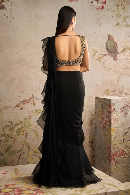 Shop Ridhi Mehra Black Saree Chiffon Embroidery Mule Pre-draped Frill Bordered With Blouse at Aza Fashions Shop_Ridhi Mehra_Black Saree Chiffon Embroidery Mule Pre-draped Frill Bordered With Blouse _at_Aza_Fashions