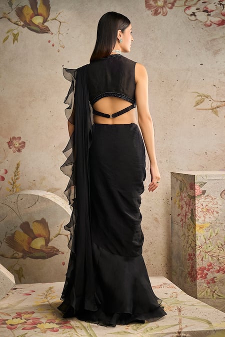 Shop Ridhi Mehra Black Saree Chiffon Embroidery Sequin Blunt V Spotlight Ruffle With Blouse at Aza Fashions Shop_Ridhi Mehra_Black Saree Chiffon Embroidery Sequin Blunt V Spotlight Ruffle With Blouse _at_Aza_Fashions