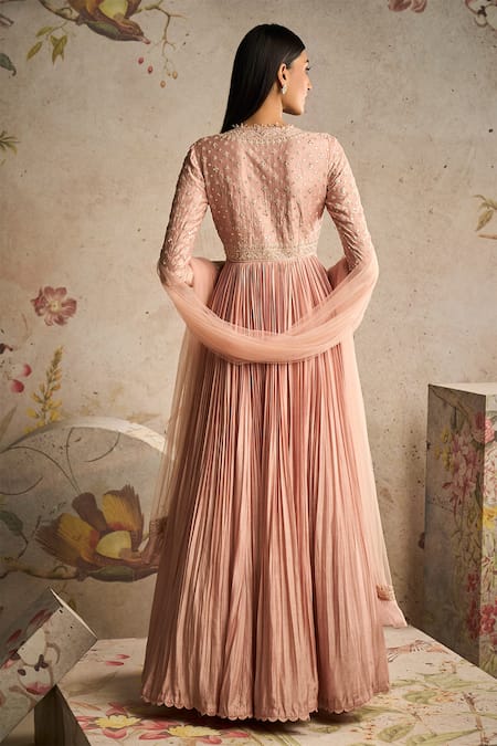 Shop Ridhi Mehra Pink Anarkali Fine Silk Embroidery Thread Plunge V Sway Yoke With Dupatta at Aza Fashions Shop_Ridhi Mehra_Pink Anarkali Fine Silk Embroidery Thread Plunge V Sway Yoke With Dupatta _at_Aza_Fashions