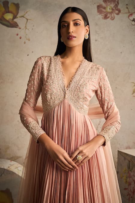 Ridhi Mehra Pink Anarkali Fine Silk Embroidery Thread Plunge V Sway Yoke With Dupatta Online at Aza Fashions Ridhi Mehra_Pink Anarkali Fine Silk Embroidery Thread Plunge V Sway Yoke With Dupatta _Online_at_Aza_Fashions