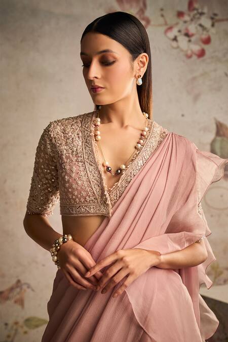 Ridhi Mehra_Pink Saree Chiffon Embroidery Sequin Belle Ruffle Pre-draped With Blouse _Online_at_Aza_Fashions